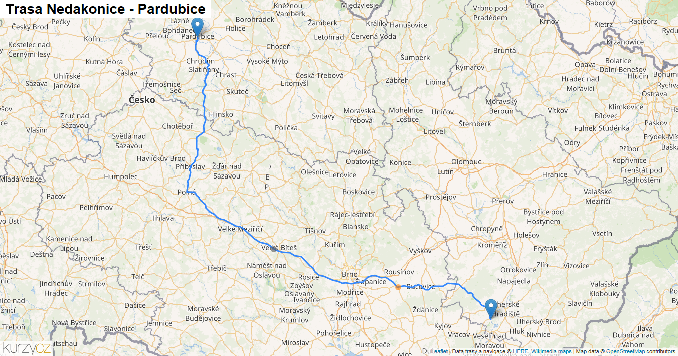 Nedakonice-Pardubice, mapa trasy
