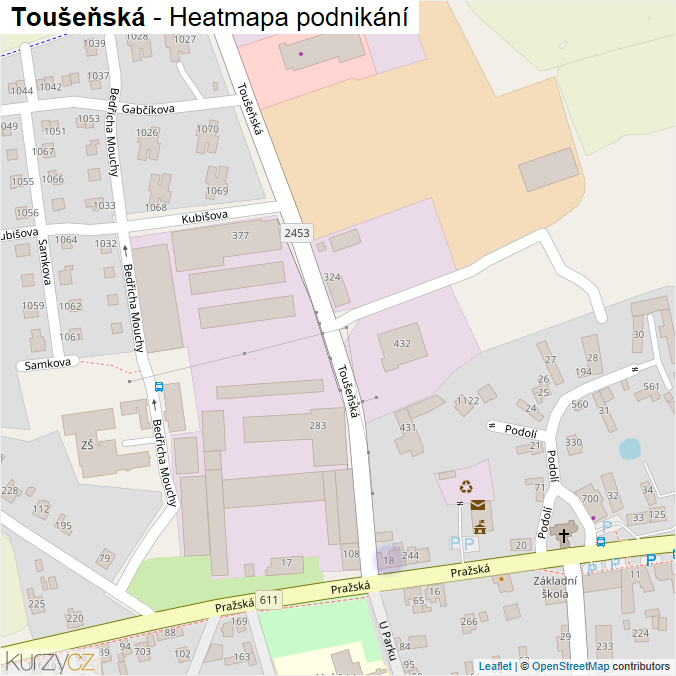 Mapa Toušeňská - Firmy v ulici.