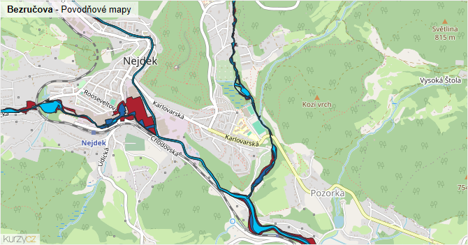 Bezručova - záplavové mapy stoleté vody