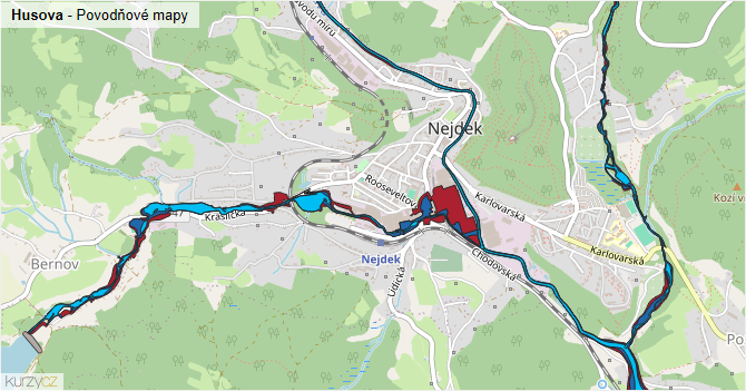 Husova - záplavové mapy stoleté vody
