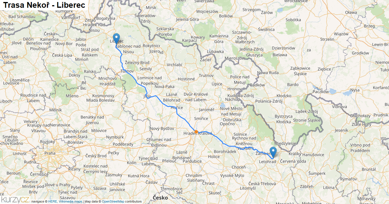 Nekoř-Liberec, mapa trasy