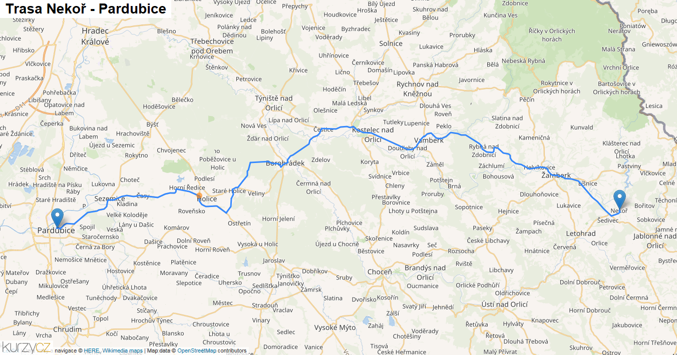 Nekoř-Pardubice, mapa trasy