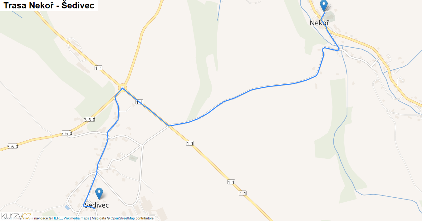 Nekoř-Šedivec, mapa trasy