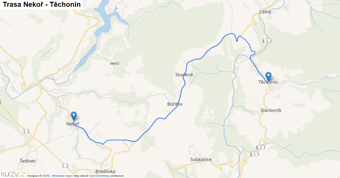 Nekoř-Těchonín, mapa trasy