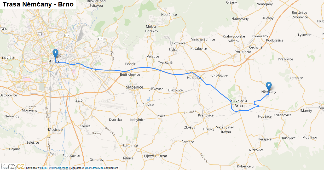 Němčany-Brno, mapa trasy