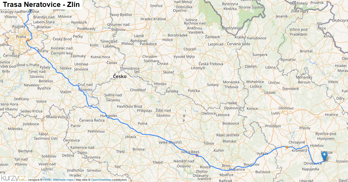 Neratovice-Zlín, mapa trasy