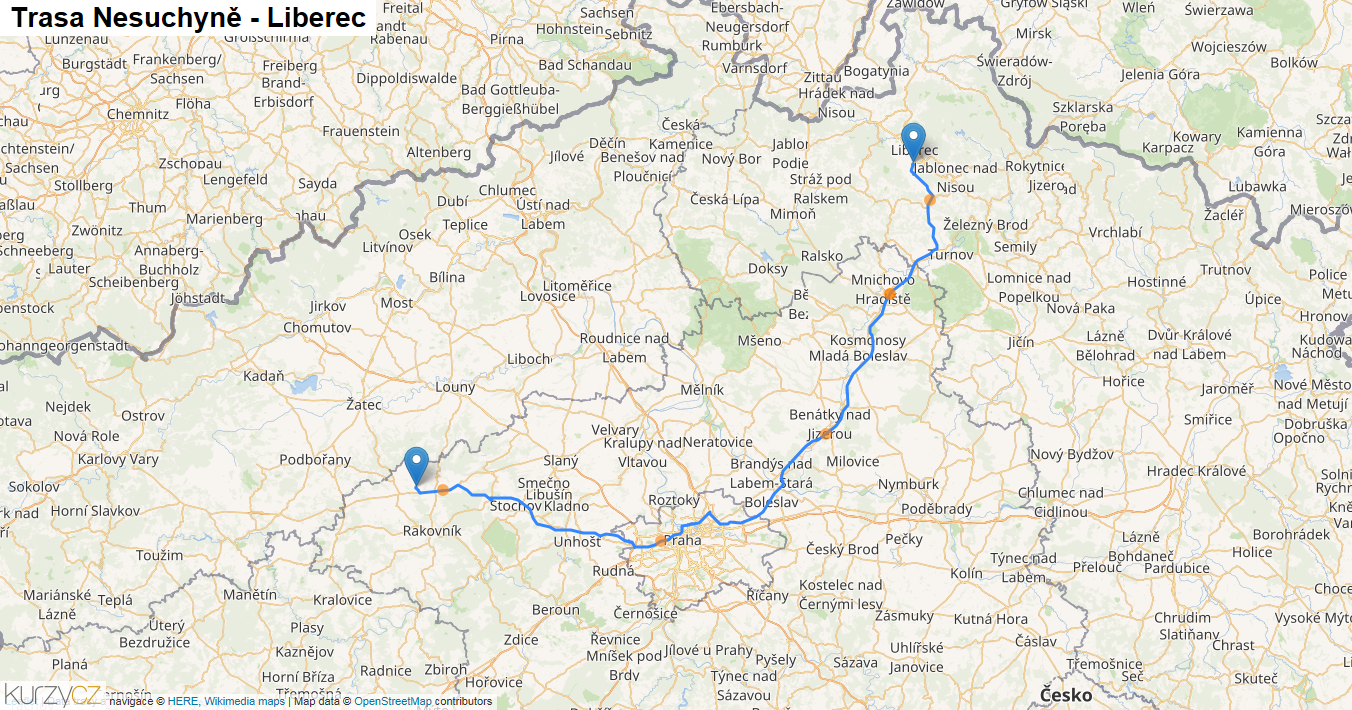 Nesuchyně-Liberec, mapa trasy