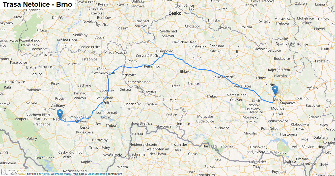 Netolice-Brno, mapa trasy
