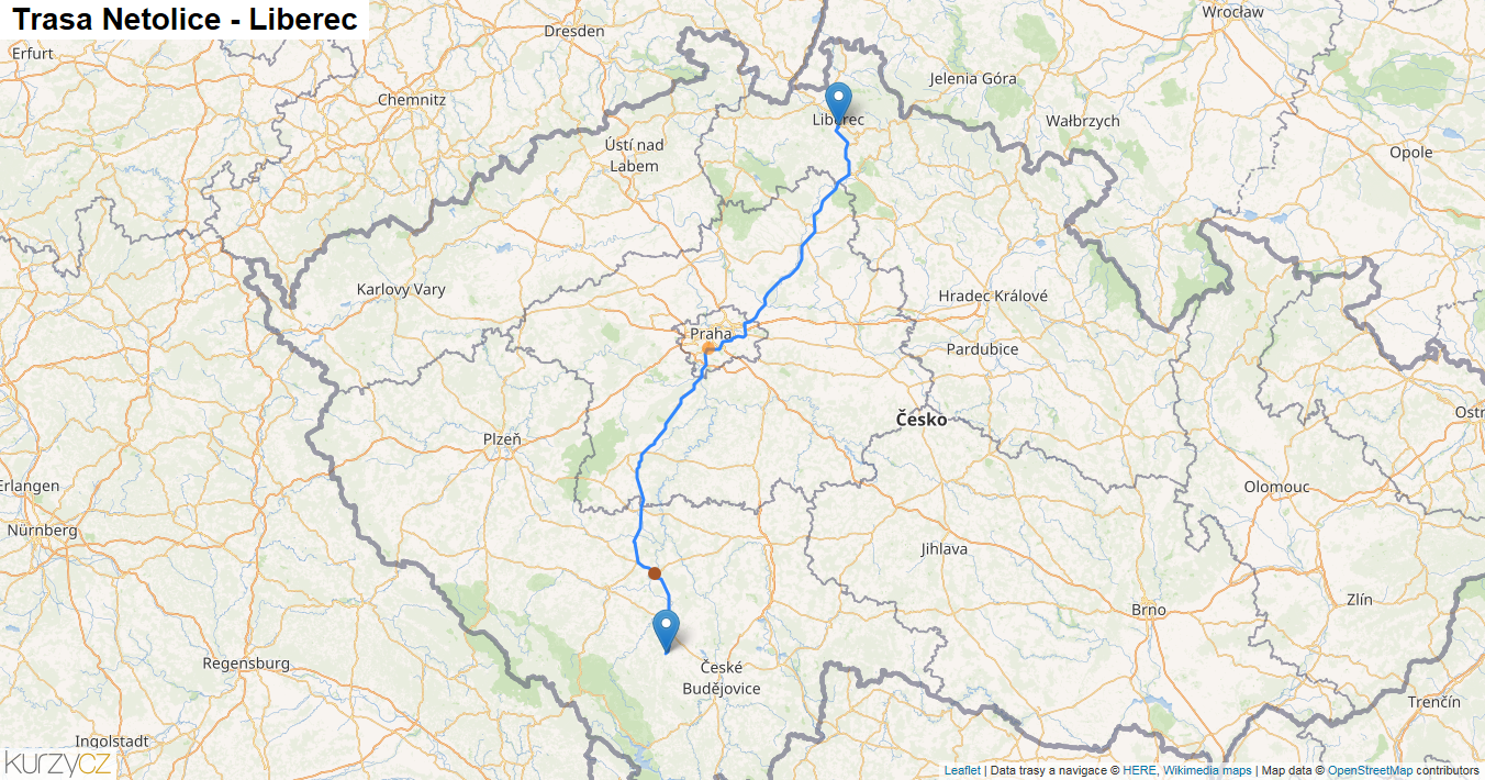 Netolice-Liberec, mapa trasy