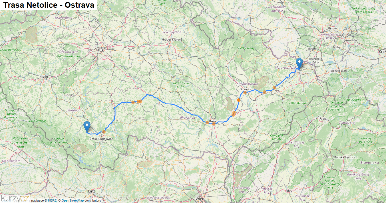 Netolice-Ostrava, mapa trasy