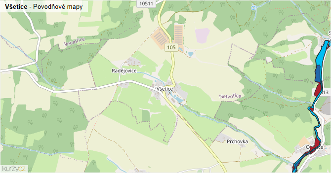 Všetice - záplavové mapy stoleté vody