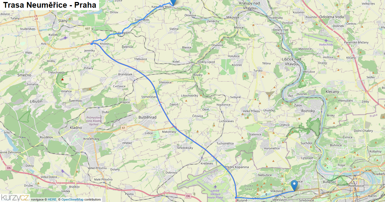Neuměřice-Praha, mapa trasy