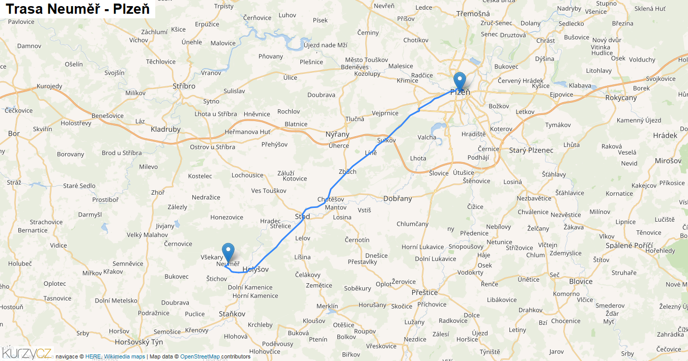 Neuměř-Plzeň, mapa trasy