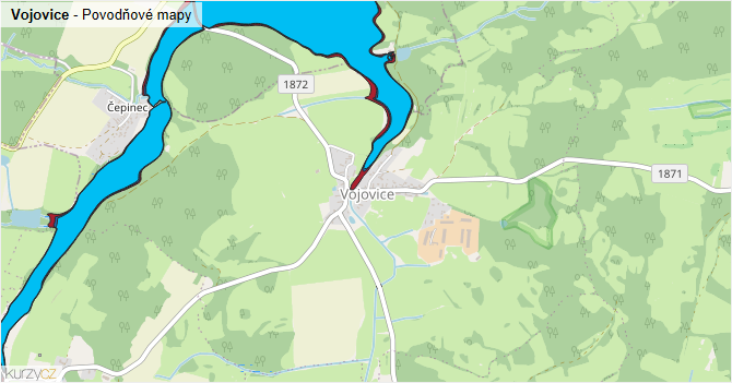 Vojovice - záplavové mapy stoleté vody