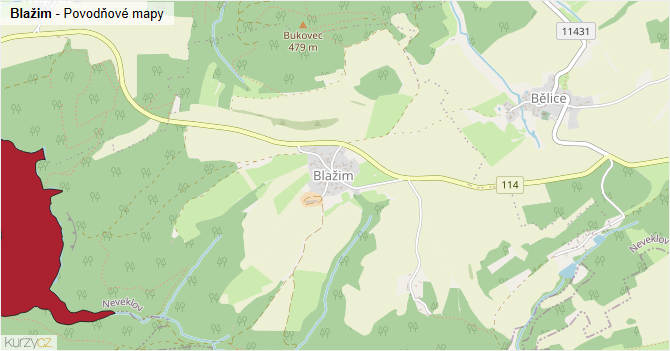 Blažim - záplavové mapy stoleté vody