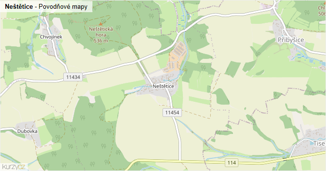 Neštětice - záplavové mapy stoleté vody