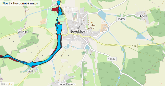 Nová - záplavové mapy stoleté vody
