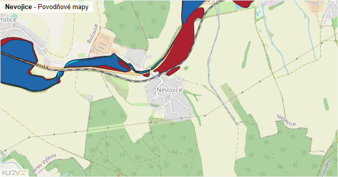 Nevojice - záplavové mapy stoleté vody