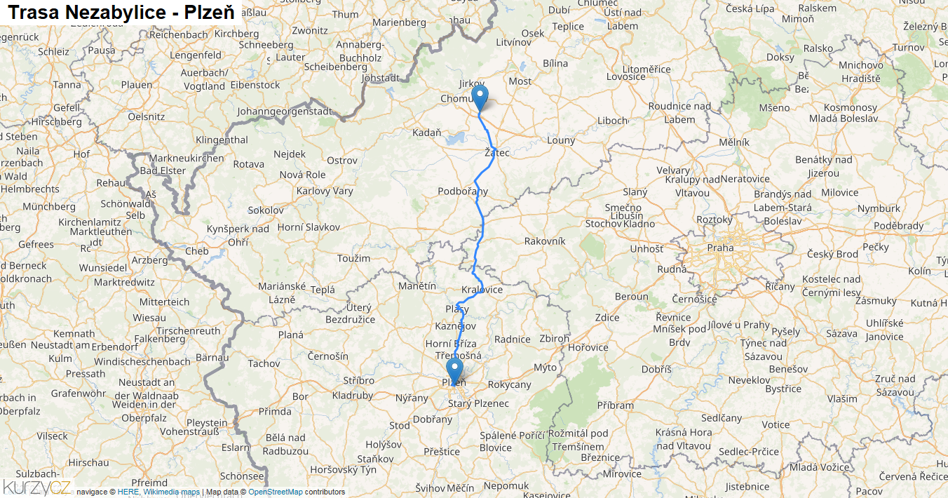 Nezabylice-Plzeň, mapa trasy