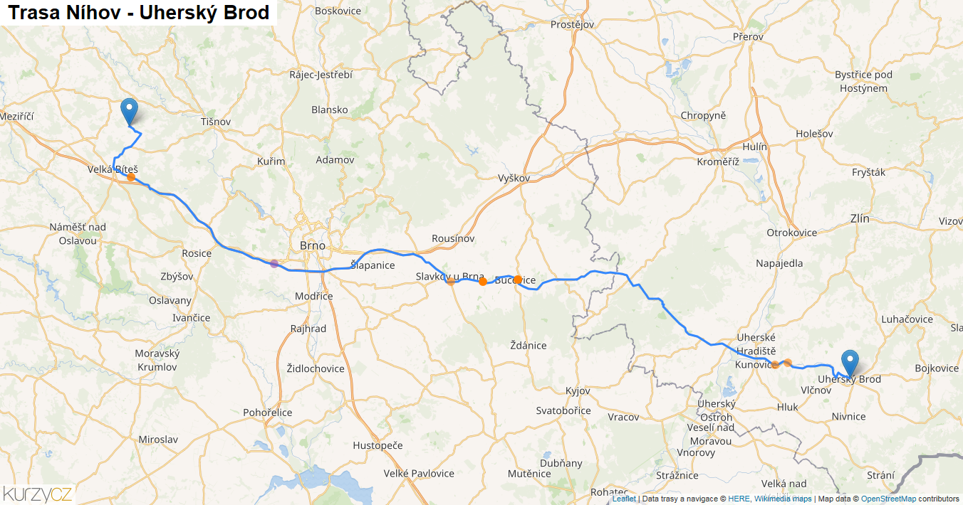 Níhov-Uherský Brod, mapa trasy