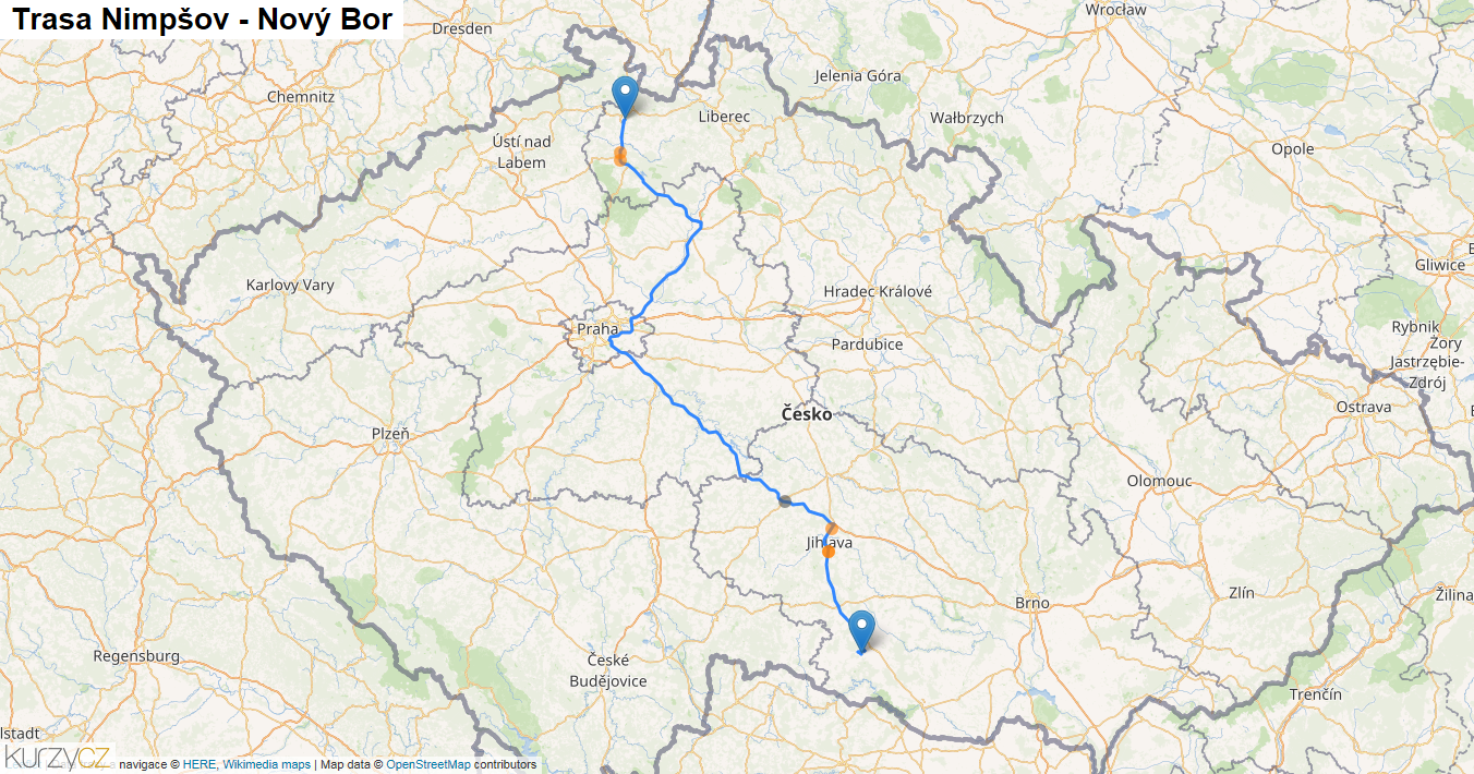 Nimpšov-Nový Bor, mapa trasy