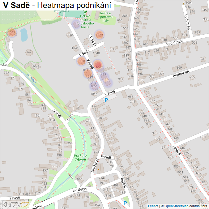 Mapa V Sadě - Firmy v ulici.