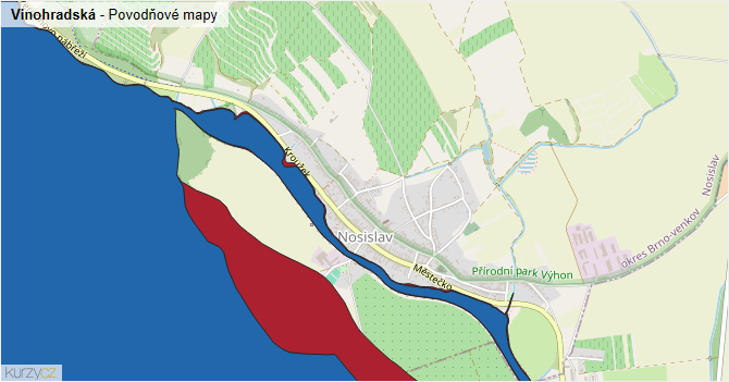 Vinohradská - záplavové mapy stoleté vody