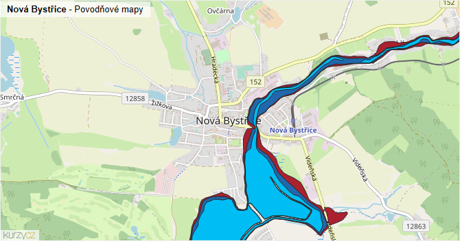 Nová Bystřice - záplavové mapy stoleté vody