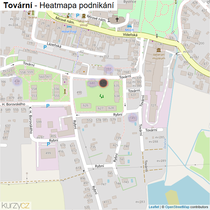 Mapa Tovární - Firmy v ulici.