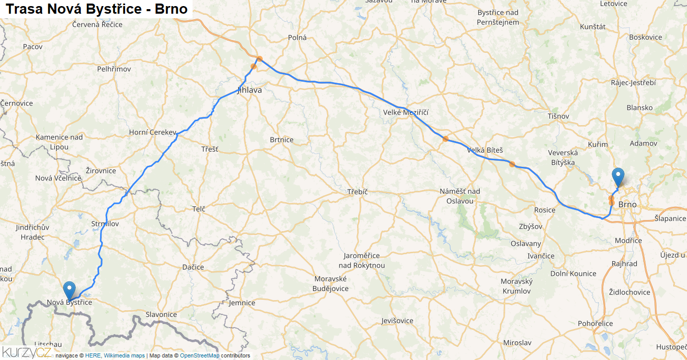 Nová Bystřice-Brno, mapa trasy