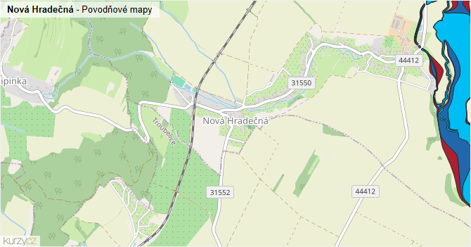 Nová Hradečná - záplavové mapy stoleté vody