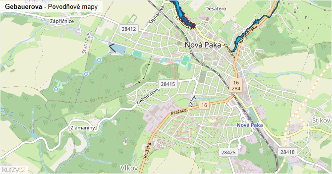 Gebauerova - záplavové mapy stoleté vody