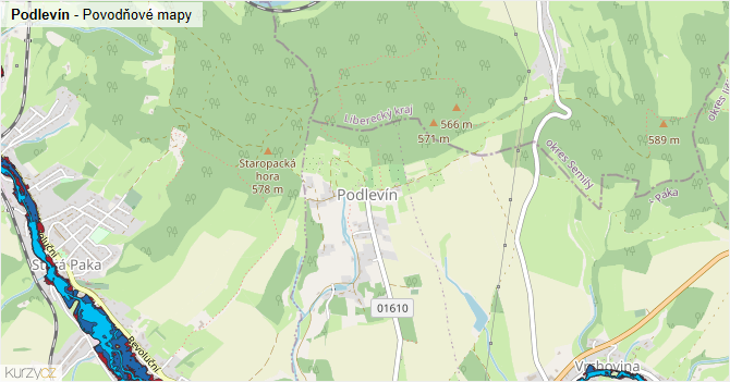 Podlevín - záplavové mapy stoleté vody