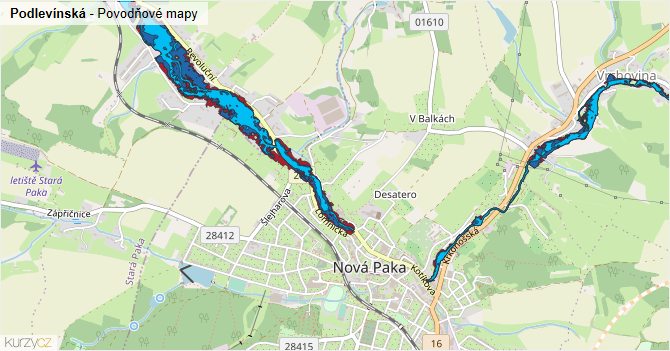 Podlevínská - záplavové mapy stoleté vody
