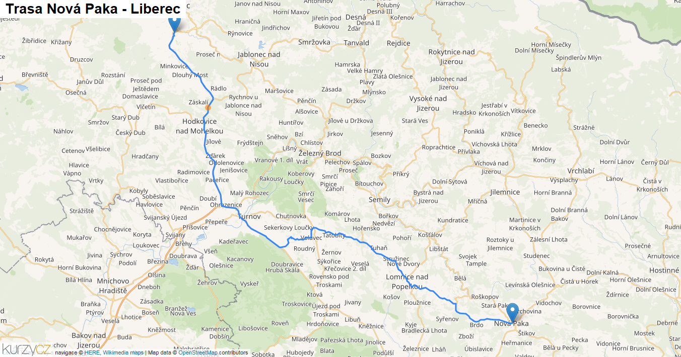 Nová Paka-Liberec, mapa trasy