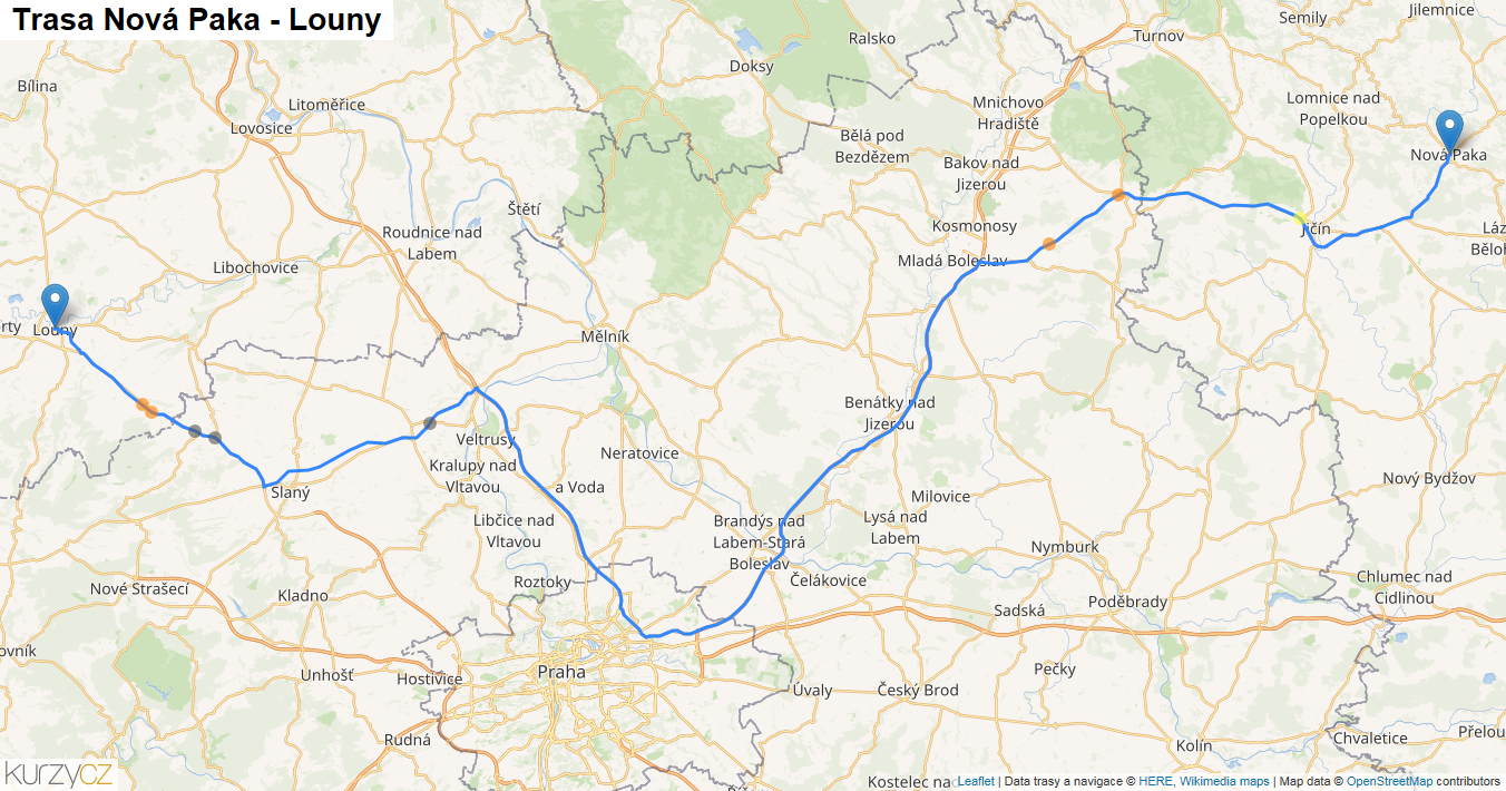 Nová Paka-Louny, mapa trasy