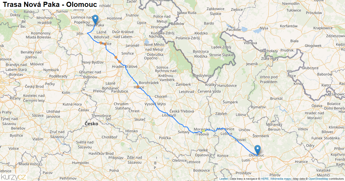 Nová Paka-Olomouc, mapa trasy