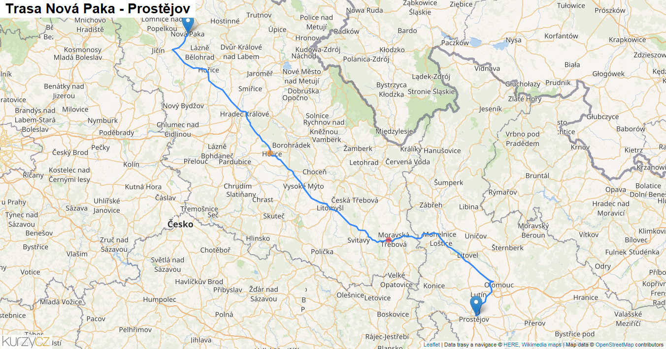 Nová Paka-Prostějov, mapa trasy