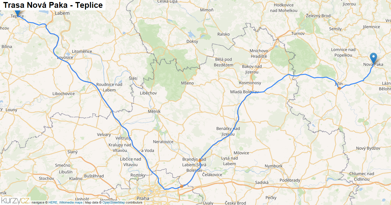 Nová Paka-Teplice, mapa trasy