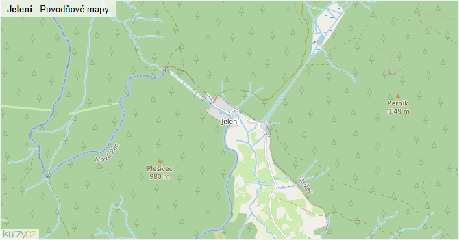 Jelení - záplavové mapy stoleté vody