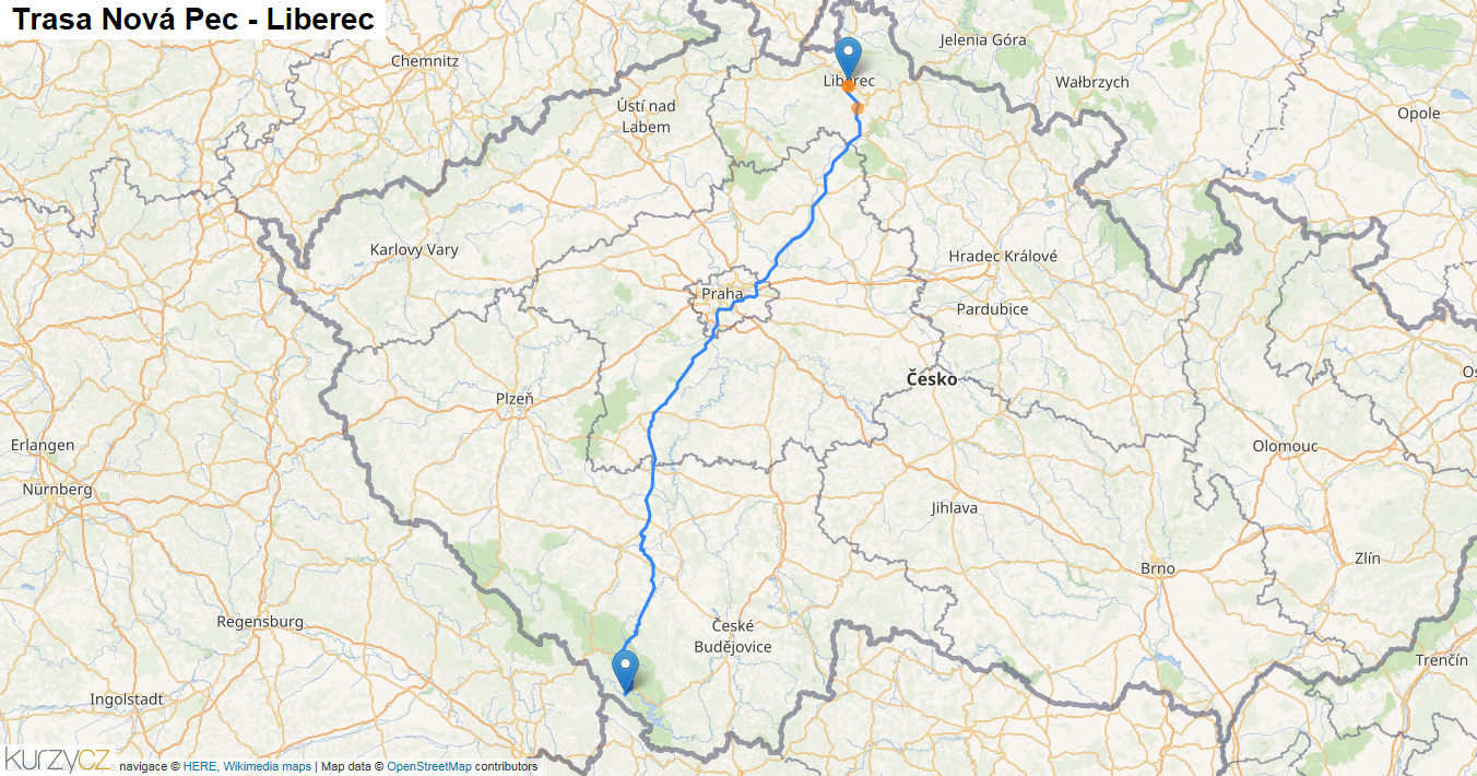Nová Pec-Liberec, mapa trasy