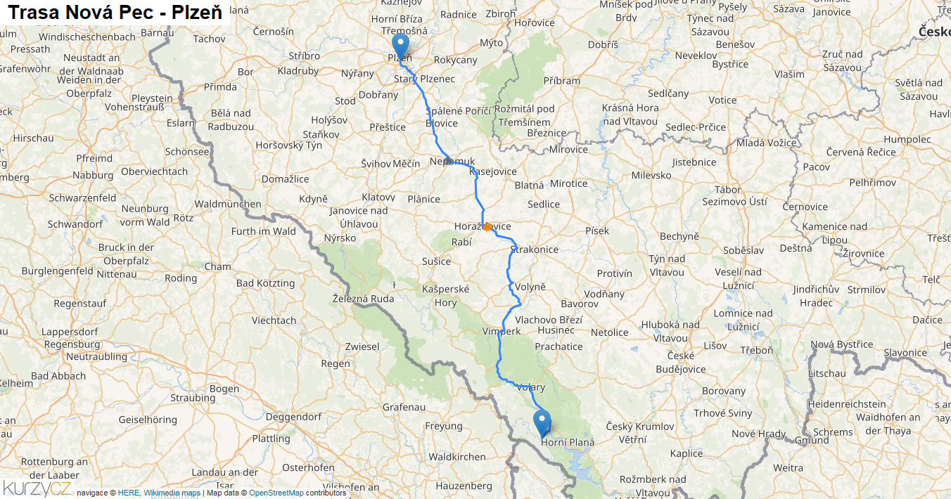 Nová Pec-Plzeň, mapa trasy
