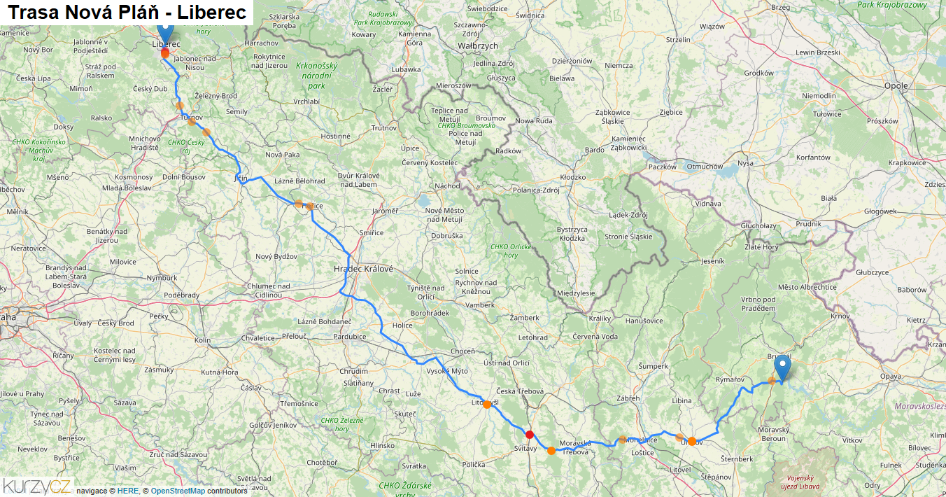 Nová Pláň-Liberec, mapa trasy