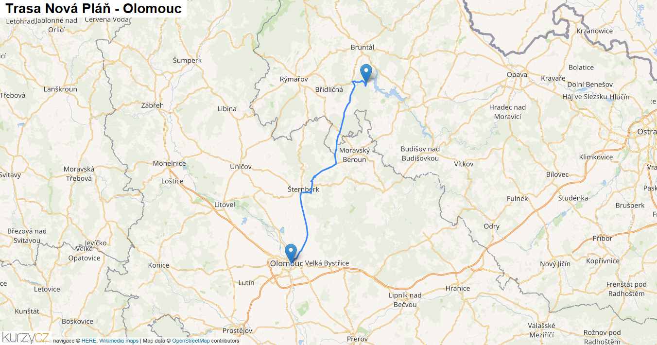 Nová Pláň-Olomouc, mapa trasy