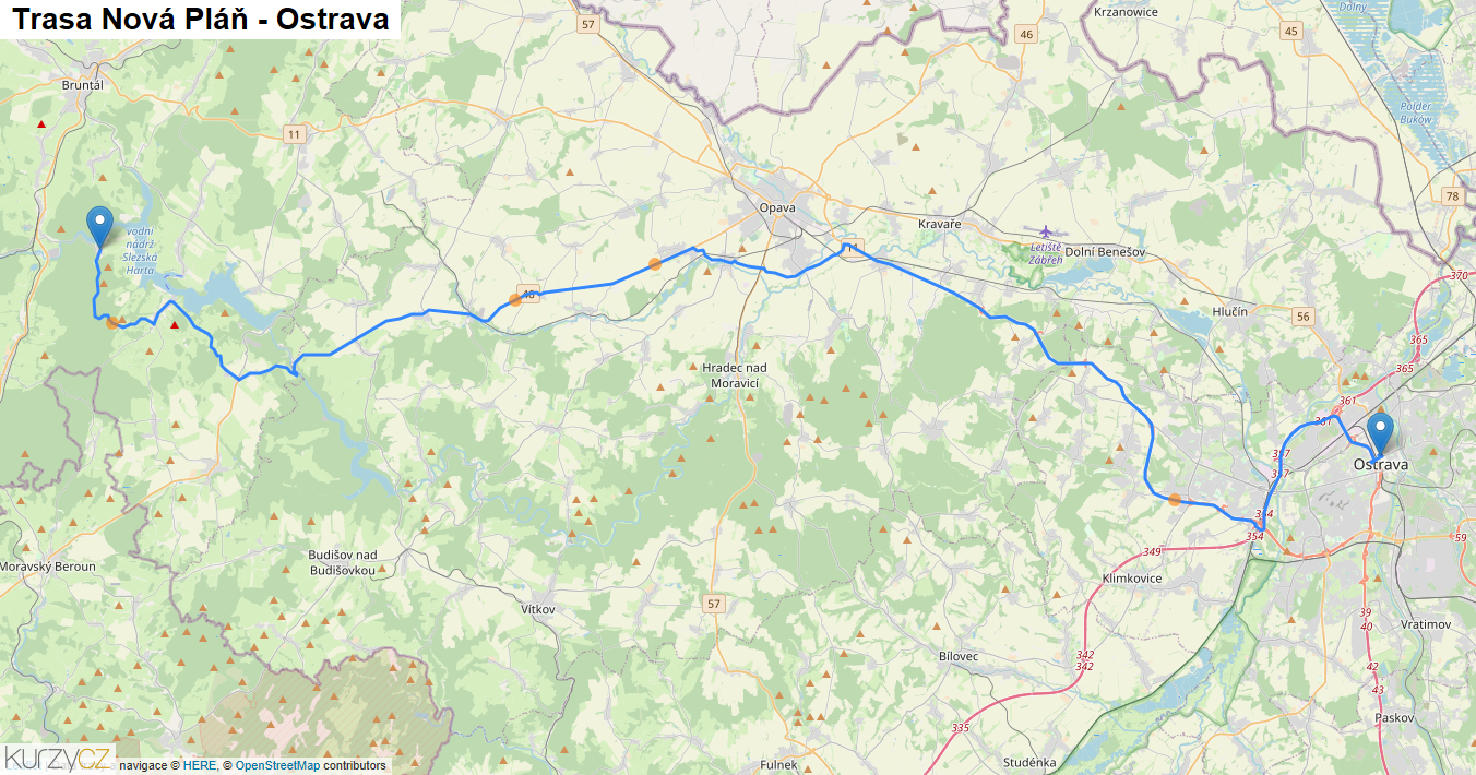 Nová Pláň-Ostrava, mapa trasy