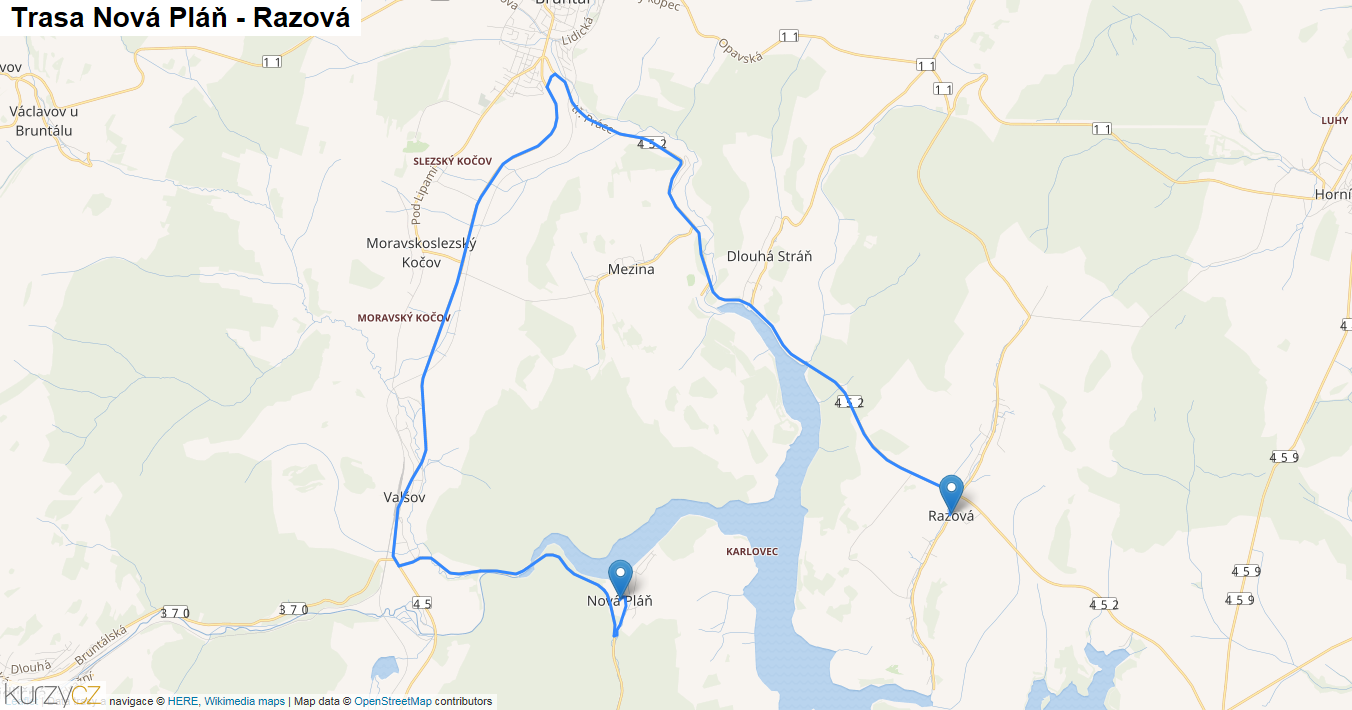 Nová Pláň-Razová, mapa trasy
