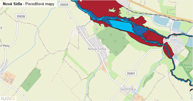 Nová Sídla - záplavové mapy stoleté vody