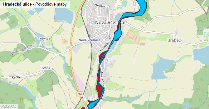 Hradecká ulice - záplavové mapy stoleté vody