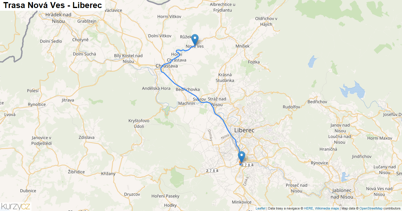 Nová Ves-Liberec, mapa trasy