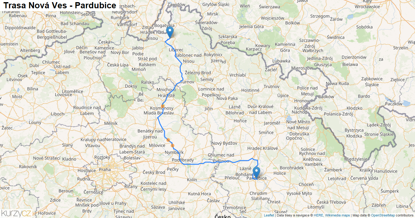 Nová Ves-Pardubice, mapa trasy